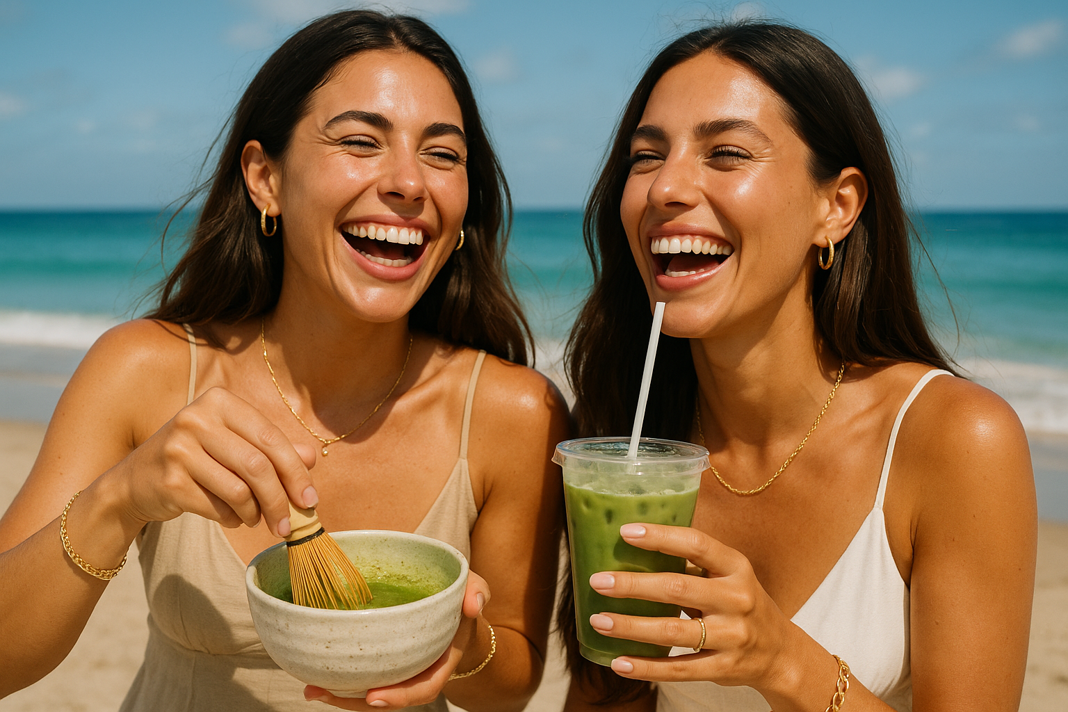 can you change the women to be white with a golden tan and pretty, both with dark hair, make the matcha in an iced takeaway cup and the matcha bowl off white add some gold jewlerry to the girls